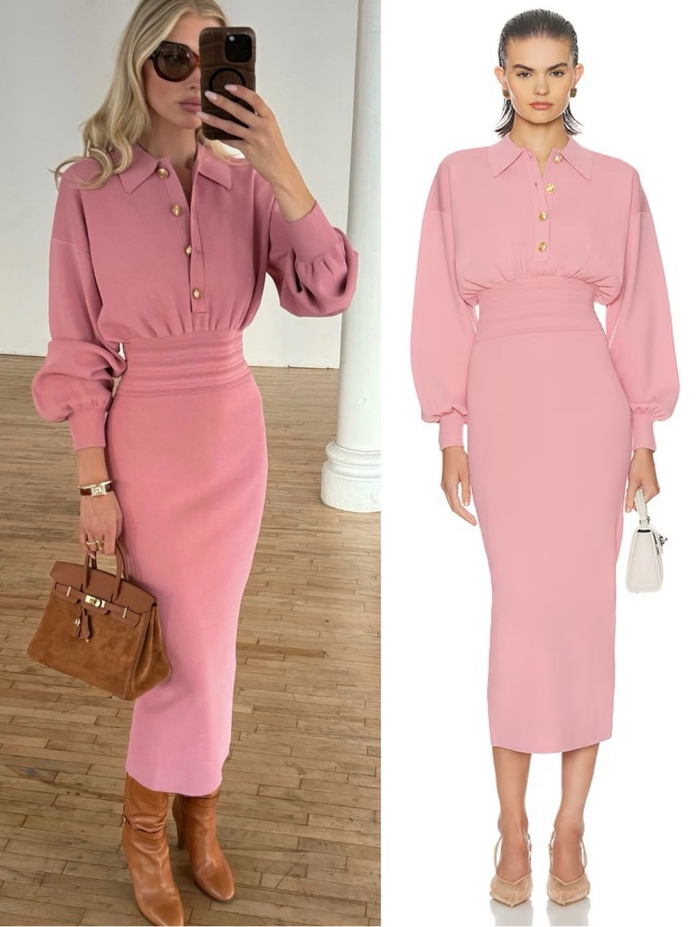 HELSA Hildie Polo Cinched Waist Midi Dress Pink NEW with tags